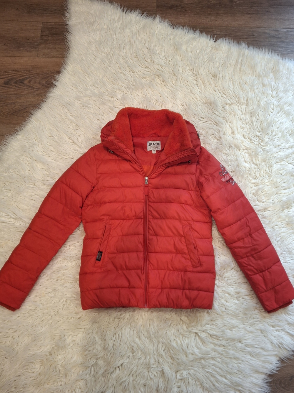 SO Red Quilted Women's Puffer Jacket with Plush Hood Size XS